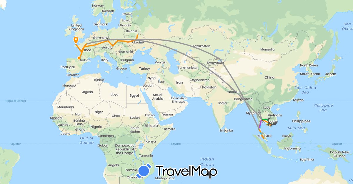 TravelMap itinerary: driving, bus, plane, train, boat, hitchhiking, motorbike in Czech Republic, France, Kyrgyzstan, Cambodia, Kazakhstan, Malaysia, Poland, Slovakia, Thailand, Ukraine, Vietnam (Asia, Europe)